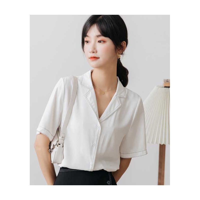 Kemeja wanita putih  katun Korea lengan pendek elegant
