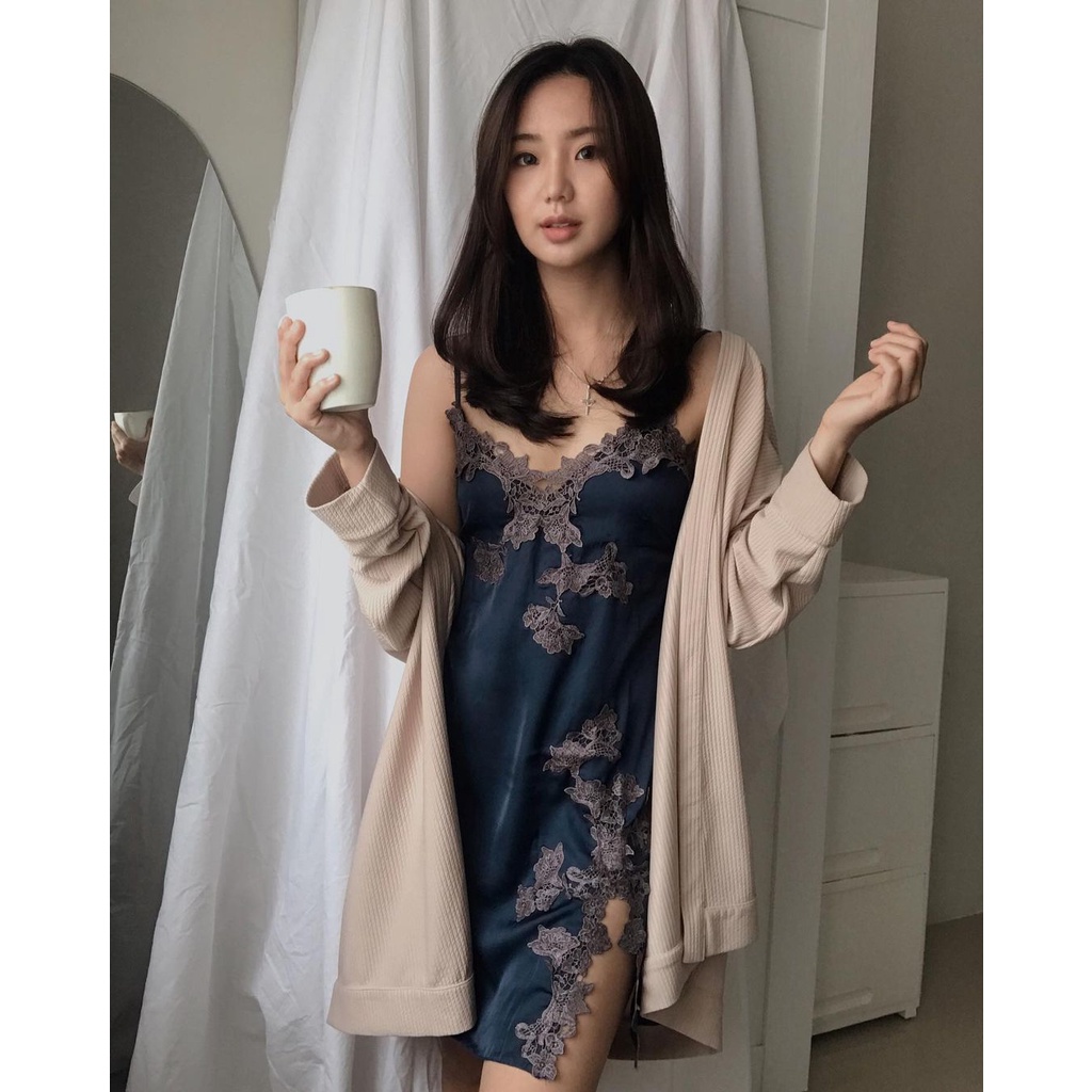 Pluffyschoice Evangeline Nightgown Lingerie Sleepwear Baju Tidur Satin Seserahan Bigsize-NAVY