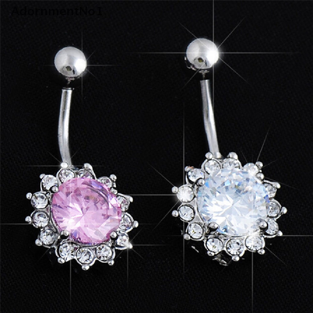 (AdornmentNo1) Anting Tindik Perut / Pusar Stainless Steel Motif Bunga Aksen Kristal Untuk Perhiasan Wanita