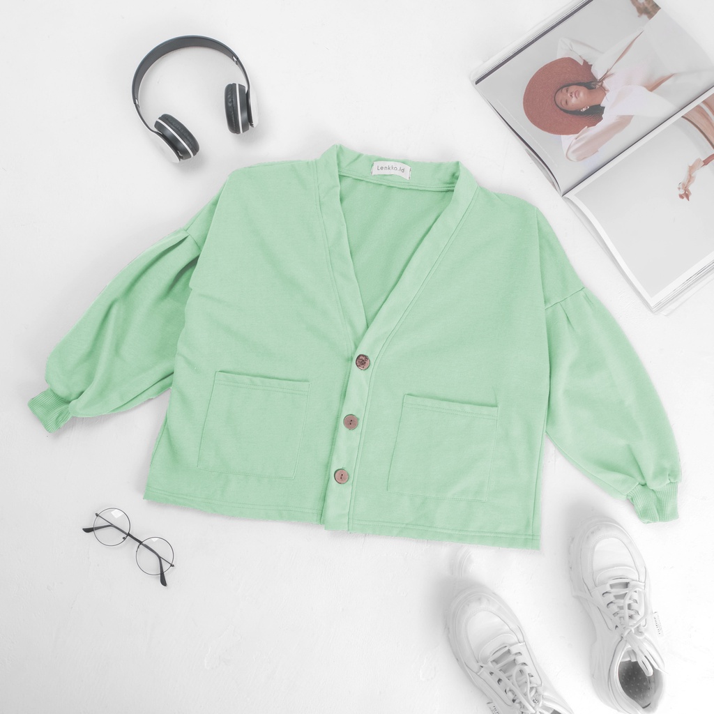 Sweater wanita model kardigan outer Lengan Puffy Pakaian wanita Casual korea-Cardigan Last Green