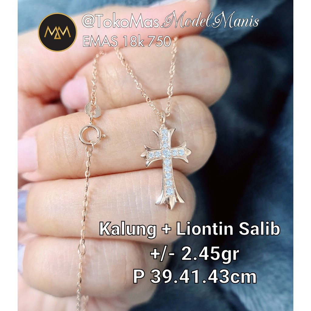 Kalung set liontin salib italy import emas rosegold 750 kadar 18k