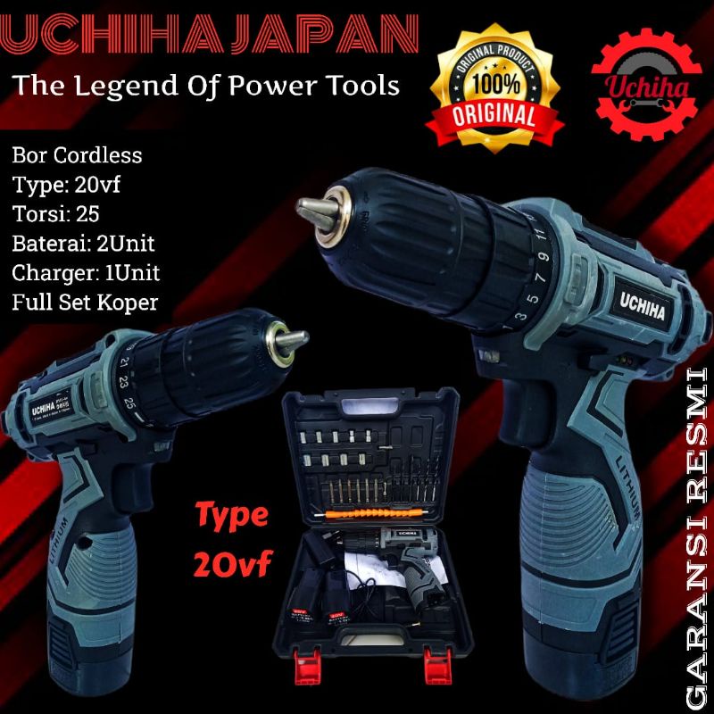promomesin bor kayu tembok besi Uchiha 20v Cordless drill fullset import