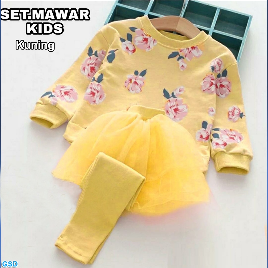 Set mawar kids/Baju Setelan Rok Celana Anak Motif Bunga Mawar/Kaos Anak Dan Rok Tutu Good Premium