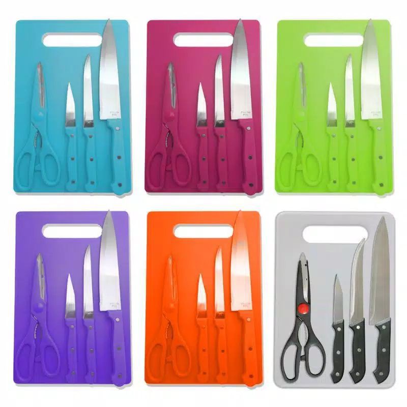 A&s Store - Set Pisau Dapur Knife/ Set 5 In 1 Plus Talenan Stainless Pisau Dapur