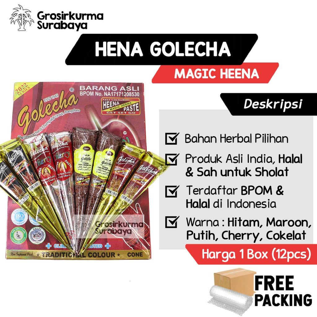 

1 LUSIN (12Pcs) Heena/Henna/Hena Golecha BPOM Maroon Red Cherry Hitam Cokelat Halal Herbal Dekorasi