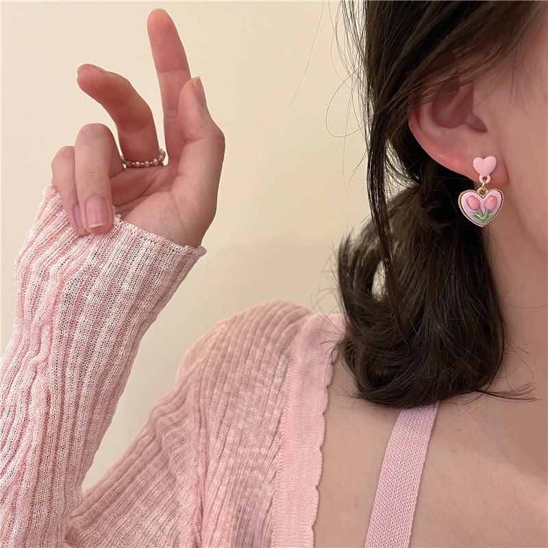 Anting Tusuk Motif Bunga tulip Warna Pink Untuk Wanita