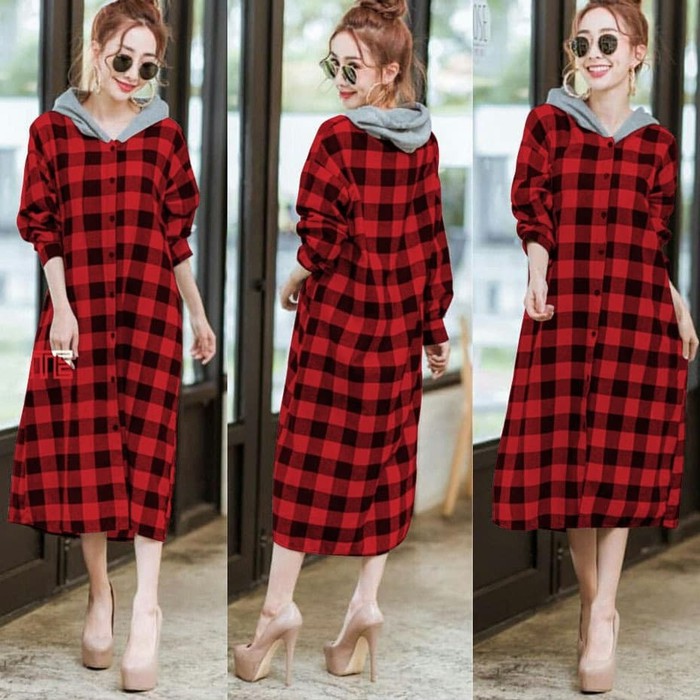 Modis | Midi Dress Risa Kotak | Mini Midi Dress Hoodie | Kasual Dress Hoodie | Long Dress Hoodie