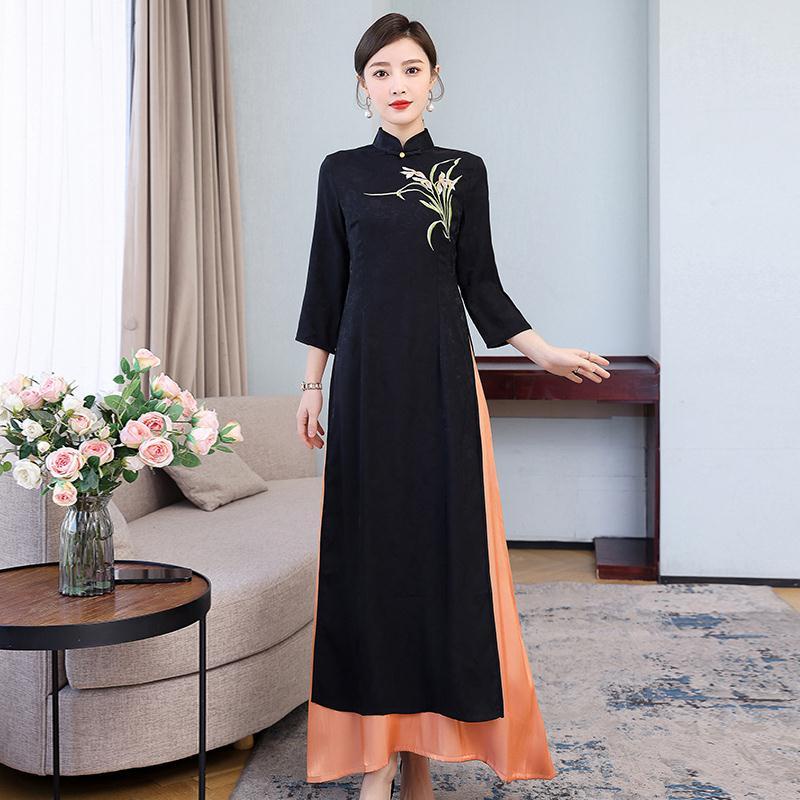 Audrey cheongsam 2022 new women's long style young long sleeved retro Chinese style improved dress a