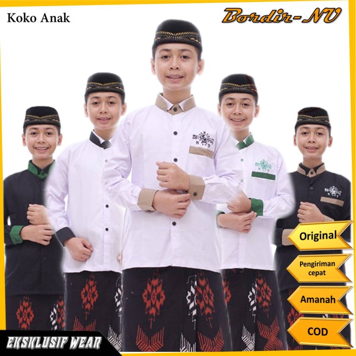 Baju koko anak laki laki terbaru bordir nu hadroh turki lengan panjang - Putih Coklat, 10-11 thn
