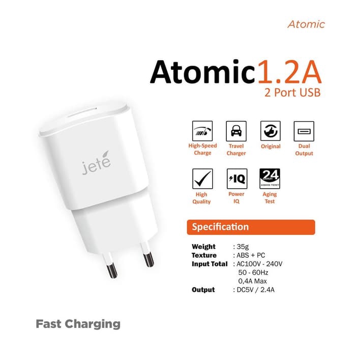Charger Jete Atomic 1.2A Single USB Garansi Resmi 1 Tahun