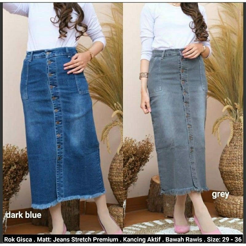 Rok panjang Gisca kancing depan // Rok Jeans Wanita kancing depan