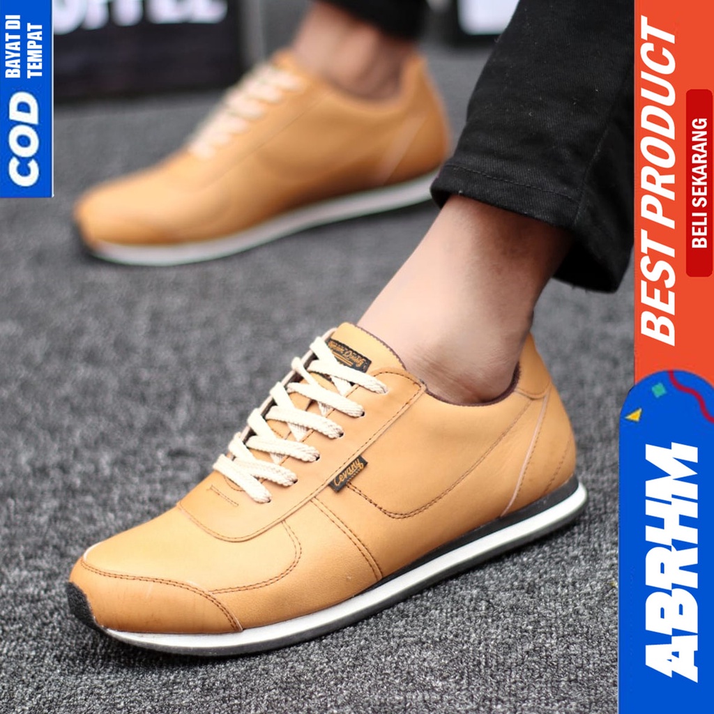 Sepatu Sneakers Kulit Asli Kerja Hitam Pria Santai ABRHM MORLEY