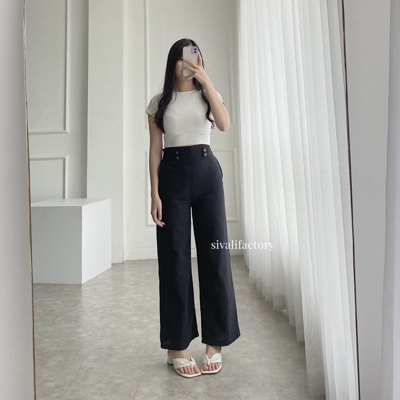 Celana Kulot Linen Highwaist 2238 Premium Hw Cullote Double Button Pants wanita haruka korea style