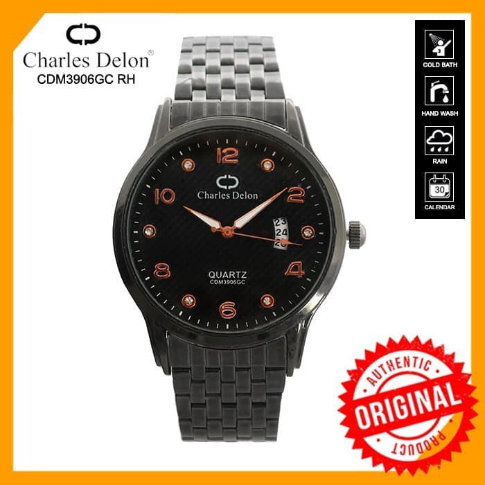 Jam Tangan Pria Watch Rantai Anti Air Tanggal Box Original Charles Delon CDM 3906 GC RH
