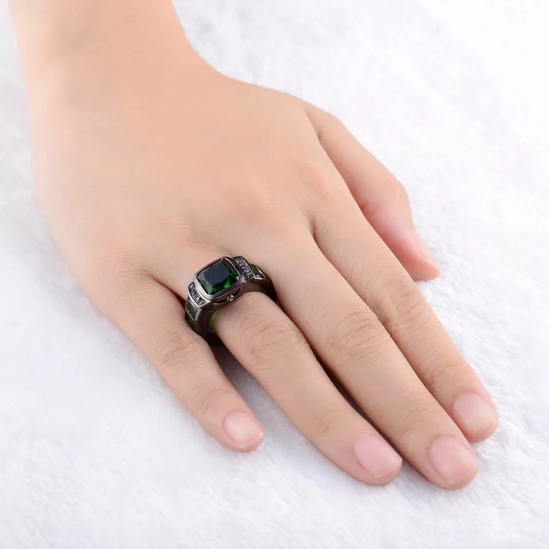 Cincin Emerald Zamrud Stone Elegan Mewah Minimalis Modern Black Platted Hijau Jamrud