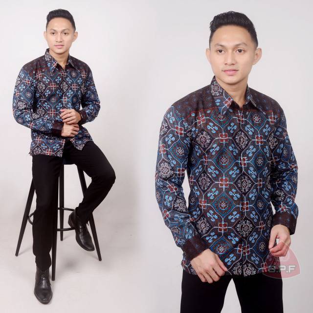 NEW KEMEJA BATIK PRIA LENGAN PANJANG MOTIF KRAMIK BIRU