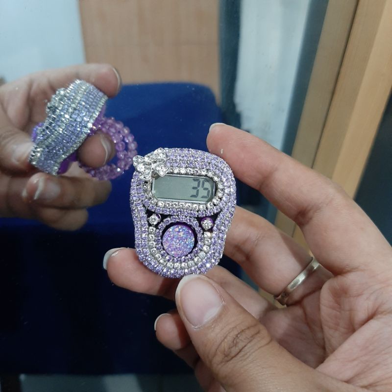 Diamond lilac led alarm tasbih digital hias tasdig swarovsky blink premium huruf alat hitung dzikir 
