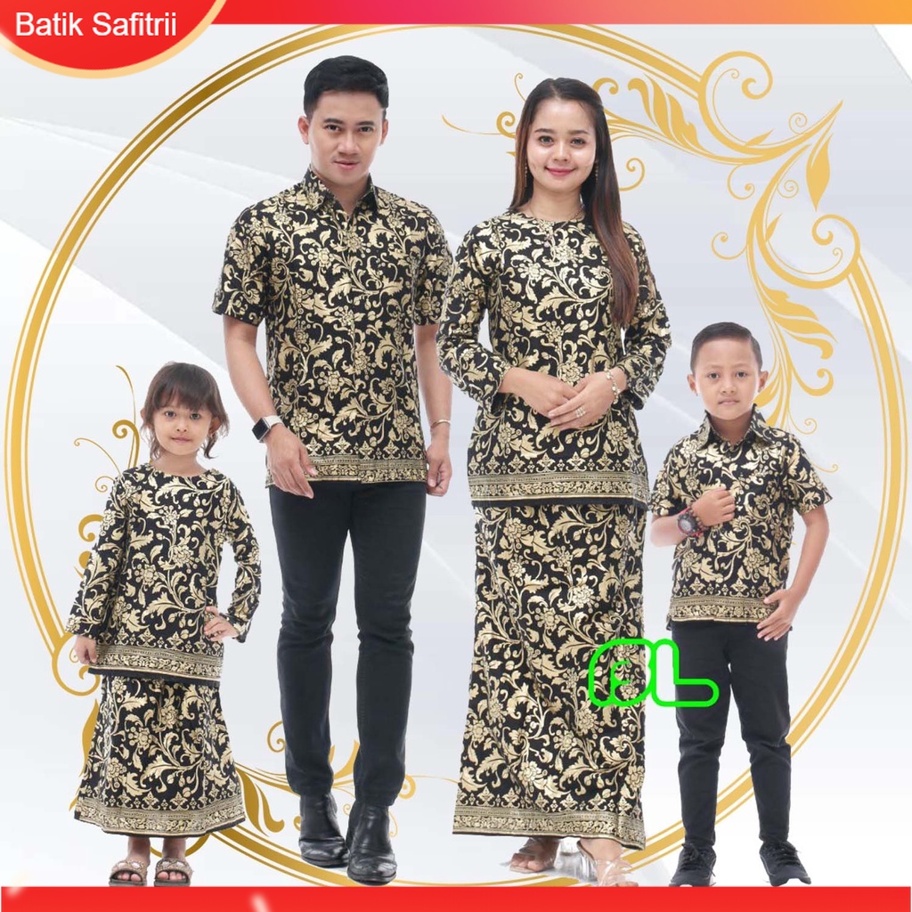 Couple Keluarga - Batik Keluarga Muslim - Ibu Bapak Anak - Motif Prada Emas Bakung - Dress Tunik Blu