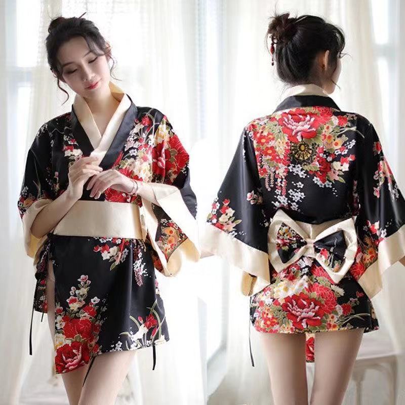 Sexy Lingerie Satin kimono Bunga-bunga Seksi V-Neck Baju tidur A562