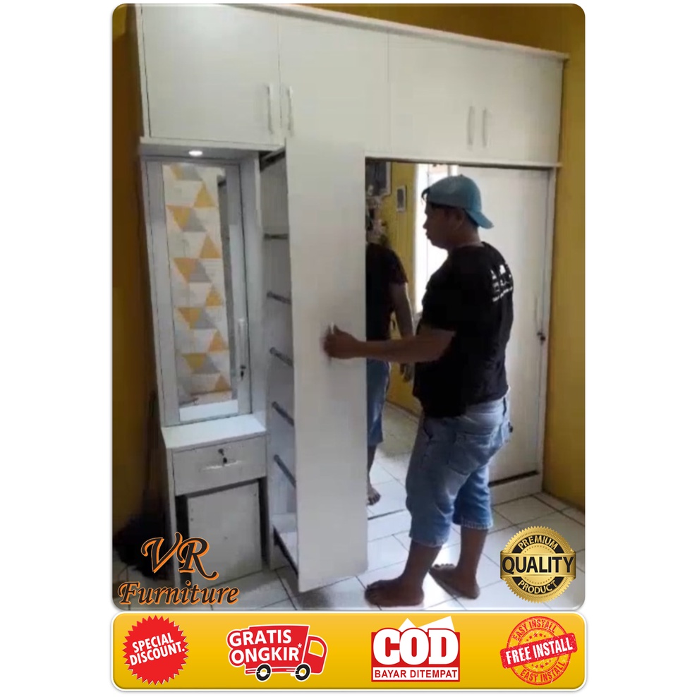 Lemari Pakaian 2 Pintu Sliding + Kabinet Dan Rak Jilbab Full Kaca, BAHAN PREMIUM Blockboard Melamin 