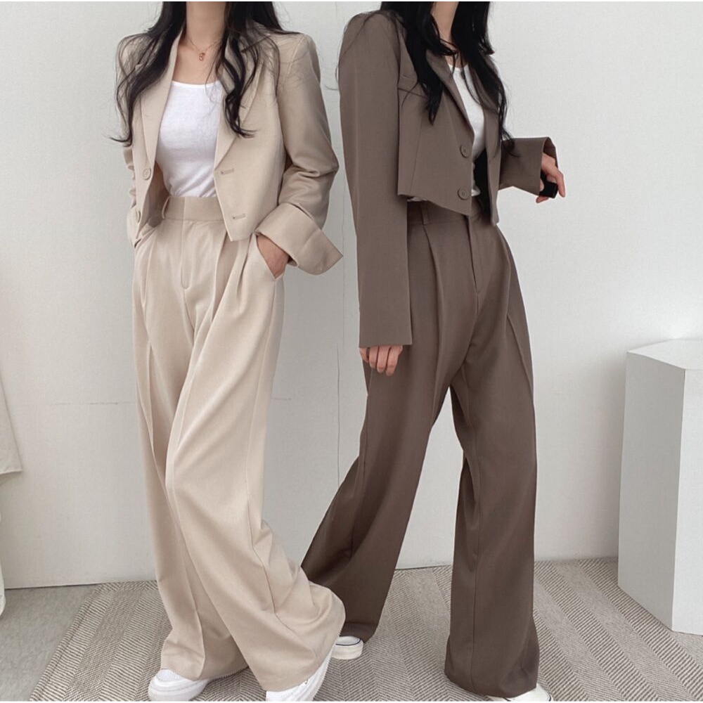 Setelan Wanita Kekinian Korean Style Celana Kulot Highwaist Loose/Blazer Crop Lengan Panjang One Set Import