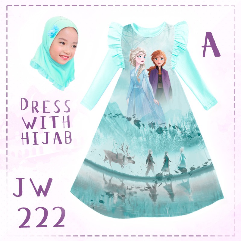 Gamis Karakter Dress Anak Set Hijab Frozen Elsa Anna JW222-A