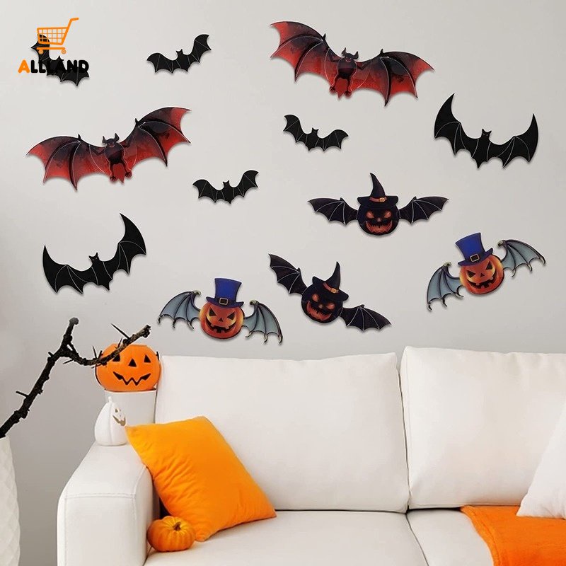 12pcs / Set Stiker Dinding Decal Desain Kelelawar Labu 3D Model Anti-Air Untuk Halloween