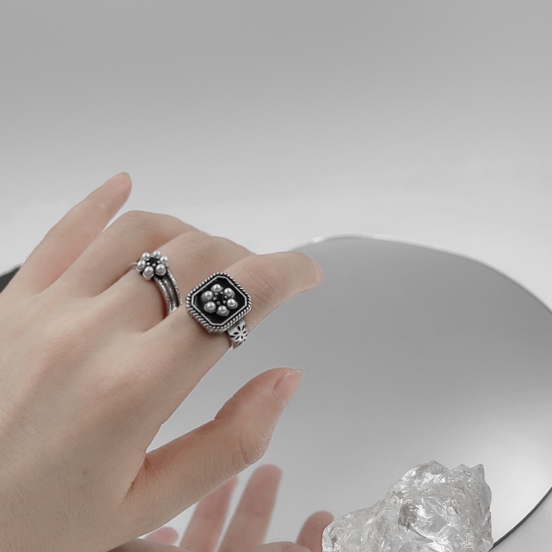 Square Pearl Flower Ring Retro Korean Style Temperament