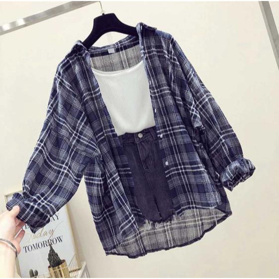 Kemeja Guilen Blouse Kotak Kotak Oversize Wanita Korea Lengan Panjang C20