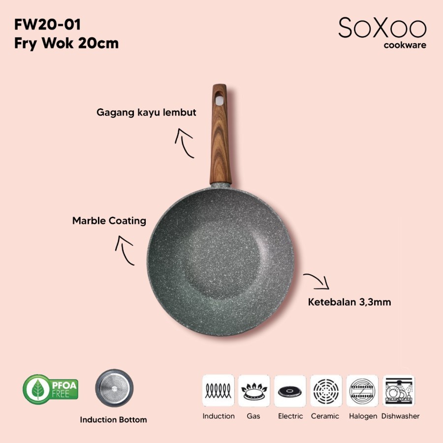 Soxoo Cookware Fry Wok Marble 20 cm FW20-01 Panci Penggorengan