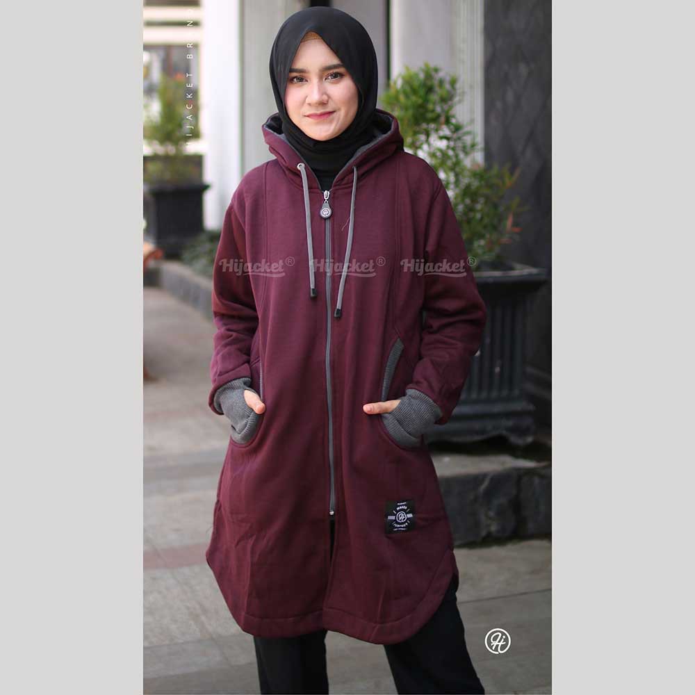 Jaket Jacket Wanita Cewek Cewe Hijaket Hijabers Muslimah Panjang Hoodie Hijacket Handsock ELK Ungu-All Size M fit to L