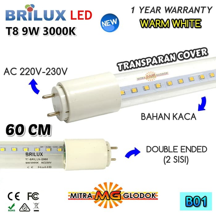 LAMPU LED TL T8 9W Watt 60 CM BRILUX KACA TRANSPARAN / WARM WHITE (KUNING) - DOUBLE ENDED - B01T-WW
