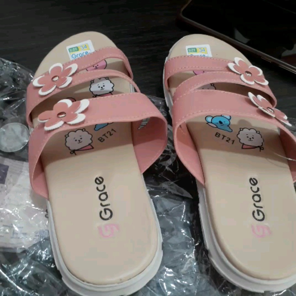 Sandal Anak Perempuan BTS BT21/ Sendal Selop Bunga Anak Perempuan