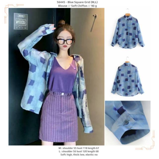 Blouse sifon jumbo biru motif lengan panjang tipis