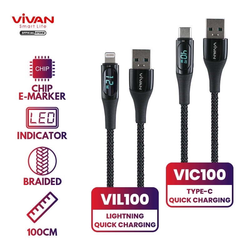 VIVAN VIC100 / VIL100 Kabel Data 100cm USB To Type C 40W 5A / USB To Lightning 12W 2.4A Fast Charging Smart LED Display Garansi Resmi 1 Tahun