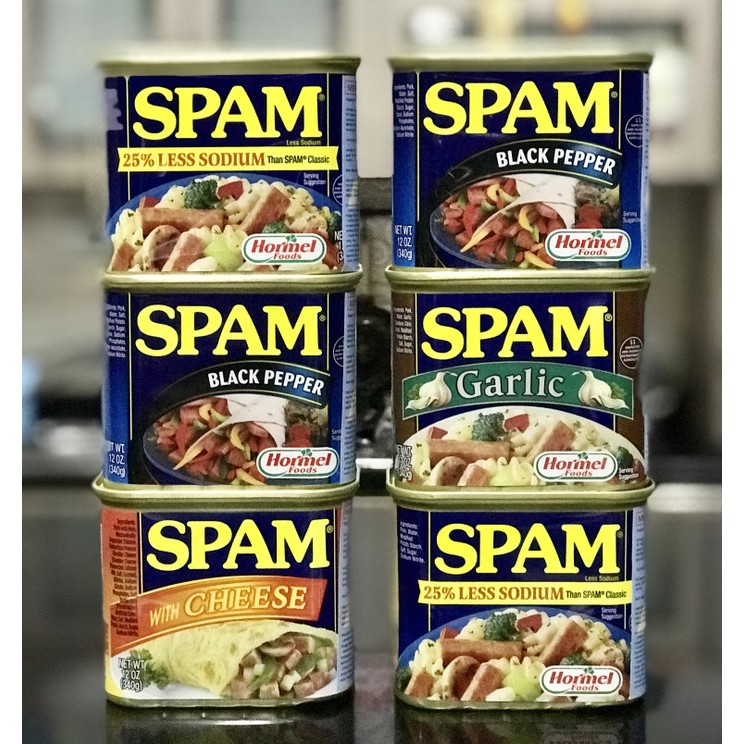 

HORMEL SPAM LUNCHEON MEAT LESS SODIUM GARLIC CHEESE ORIGINAL USA