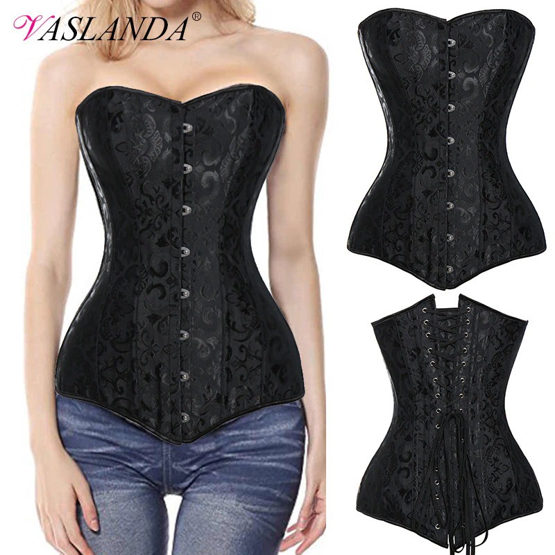 Bustiers Corsets Boned Overbust Corset Lace Up Waist Trainer Bustier Top Long Torso Hourglass Body Shopee Indonesia