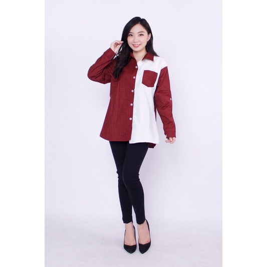 KEMEJA WANITA/ KEMEJA KOTAK KOMBINASI PUTIH SIZE XL/ XXL-1