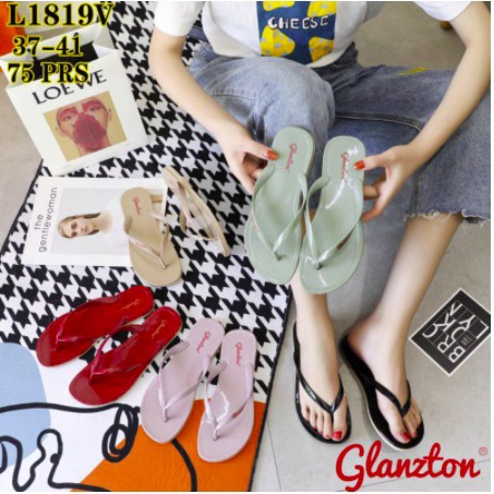 L1819V IMPORT Merek Glanzton Sandal Jepit Wanita / Sandal Jelly Wanita Permukaan Glossy Ukuran 37-41
