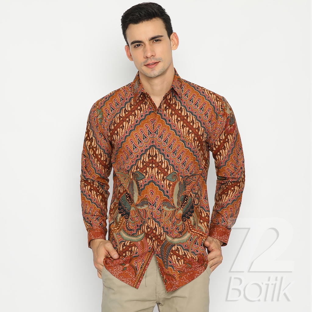 BATIK COUPLE MODERN Kemeja Rok Lilit Instan Batik Pria Lengan Panjang Premium Motif Parang Seling Kusumo Orange 721057 CAP 72