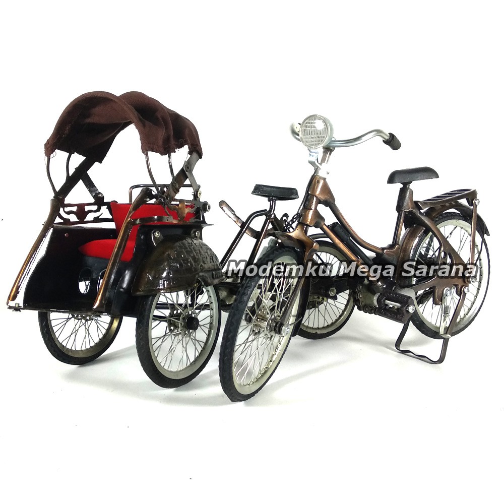 Paket Isi 2 - Miniatur Becak Besi &amp; Miniatur Sepeda Onthel Perempuan