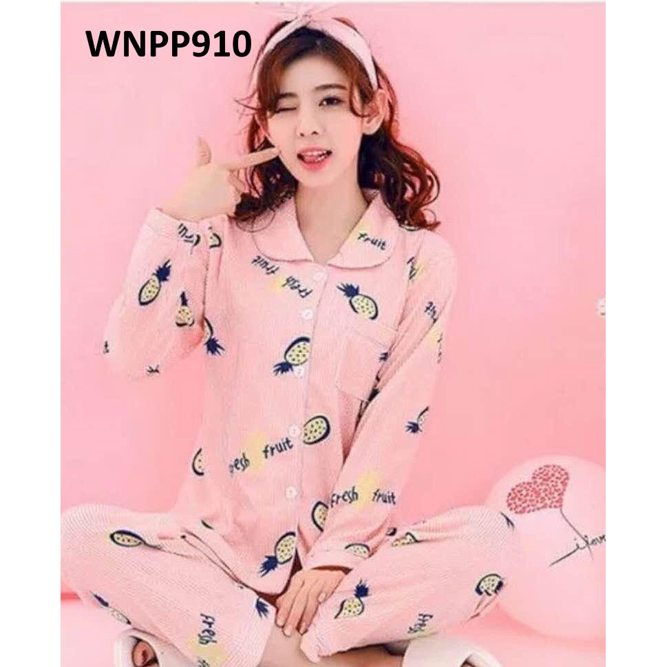 STLN910 - Piyama Wanita Baju Tidur Wanita Kancing Depan Pink Nanas