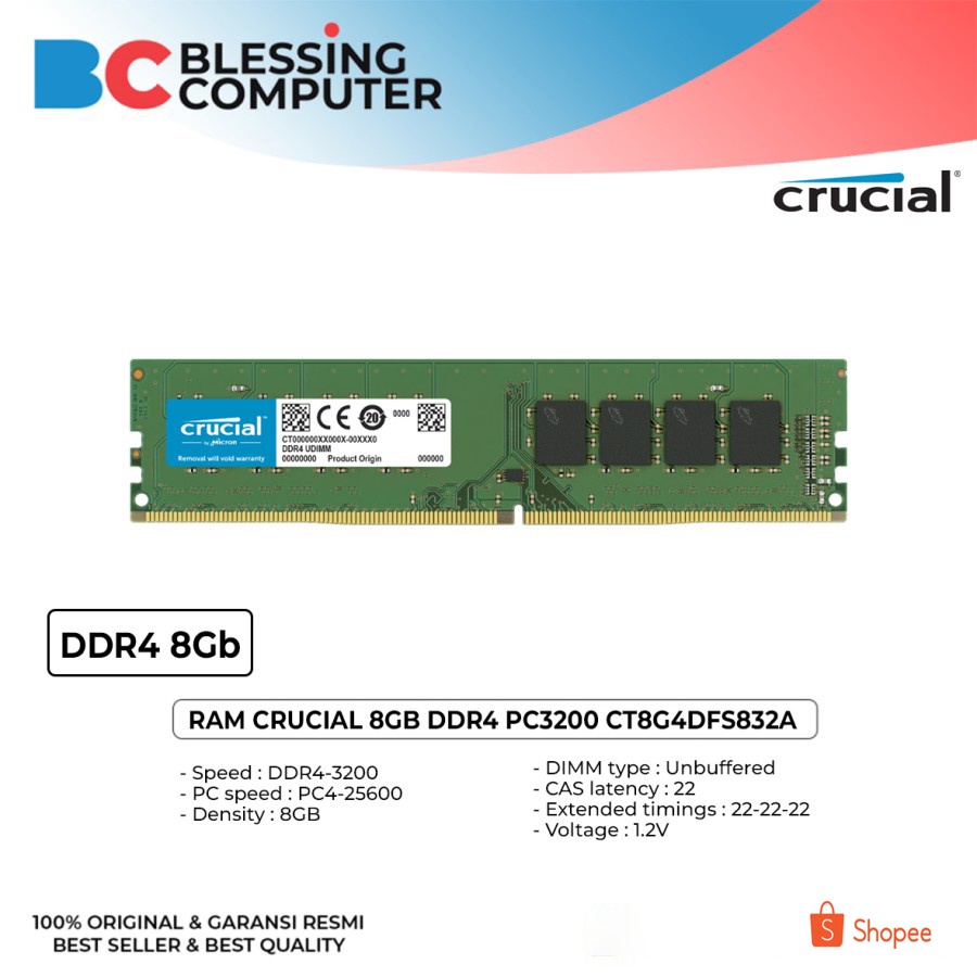 RAM CRUCIAL 8GB DDR4 PC3200 CT8G4DFS832A