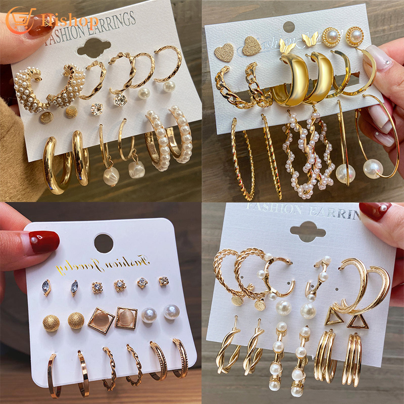 9pairs/set Pearl Butterfly Earrrings Set Gold Stud Earring Women Jewelry Accessories