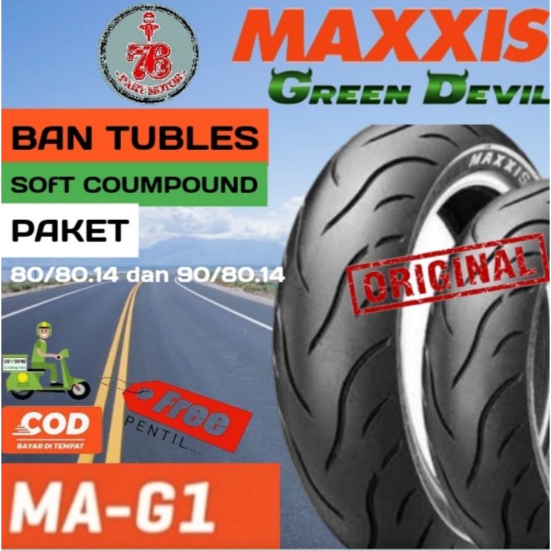 PAKET BAN TUBLES MATIC MAXXIS GREEN DEVIL UK 80/80 + 90/80 RING 14 (soft compound) FREE PENTIL