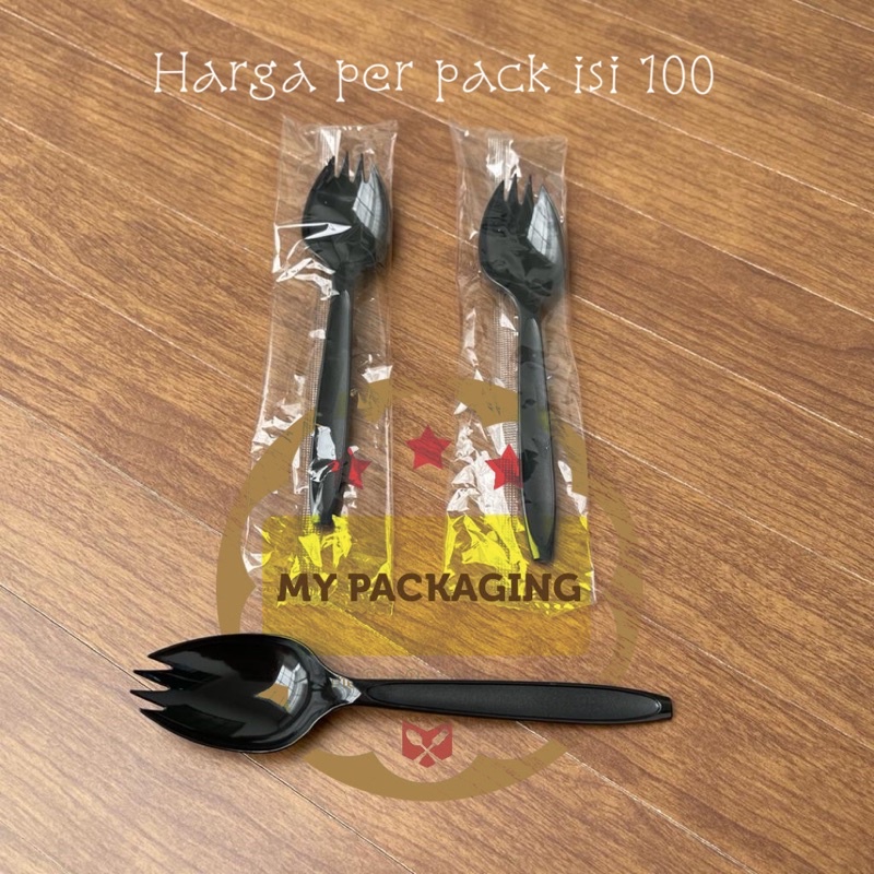 Sendok Plastik PREMIUM Ujung Garpu 100pcs - SPOON FORK SPORK WRAPPING Sudah Dibungkus PLASTIK satuan - Bagus Kuat Halus tidak kasar