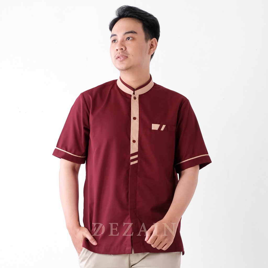 Koko Muslim Dezain Lengan Pendek KK2201 - Warna Maroon Kombinasi Krem