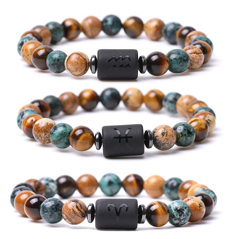 Gelang Manik-Manik Batu Mata Harimau Elastis Desain 12 Zodiak Untuk Pria Dan Wanita