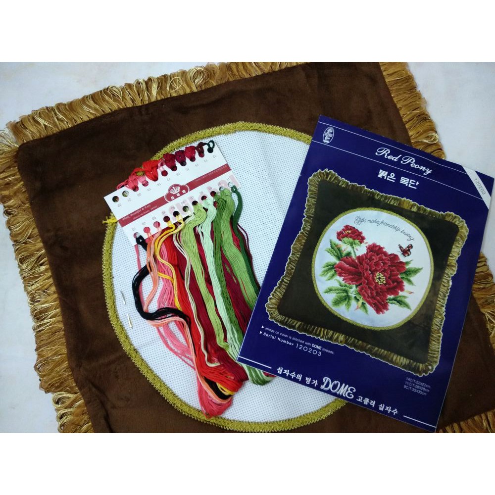 Paket Sulam Kristik Sarung Bantal DOME 120203 Bunga Peony Peoni