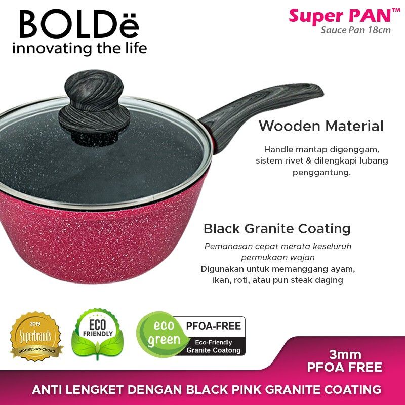 BOLDe Sauce PAN 18 cm + Glass Lid Granite Black PINK  Series